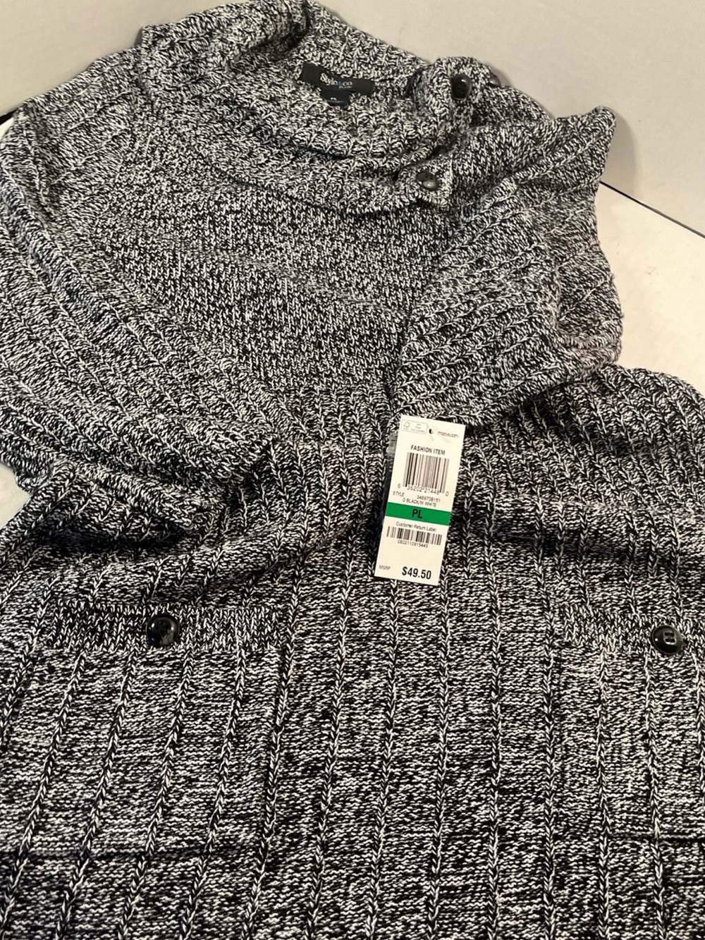 Style & Co. Black and White Marled Cowl Neck Button Sweater